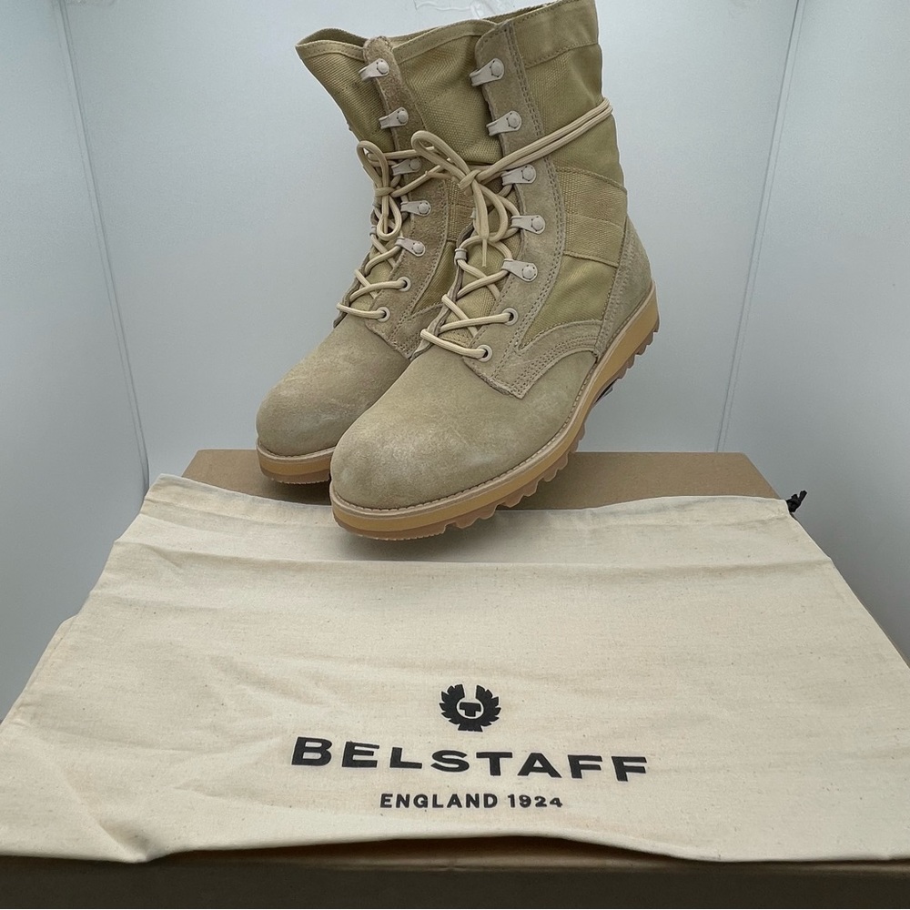 Belstaff Storm Men's Lace Up Combat Ankle Boots in Beige Suede